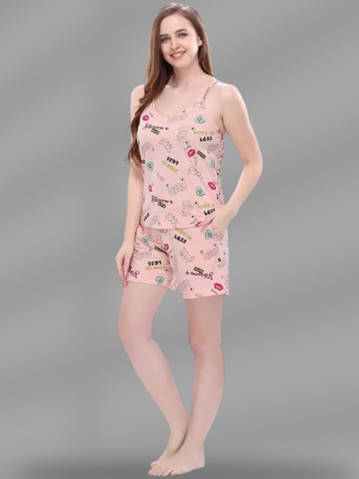 Night Suit for Women - Soft Breathable Satin Fabric Stylish Shorts for Woman, Cute Printed Nightwear Western Co ord Set Sleepwear, Lounge Wear for Every Night