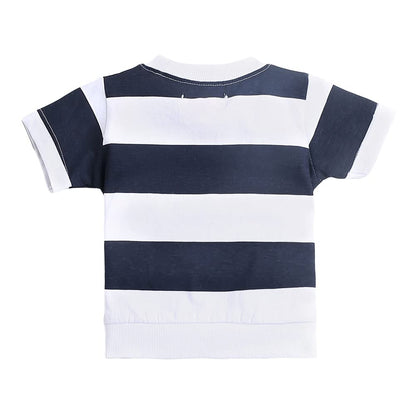 Hopscotch Boy's Cotton Striped Stripes Bear Print Half Sleeves T-Shirt And Joggers Set