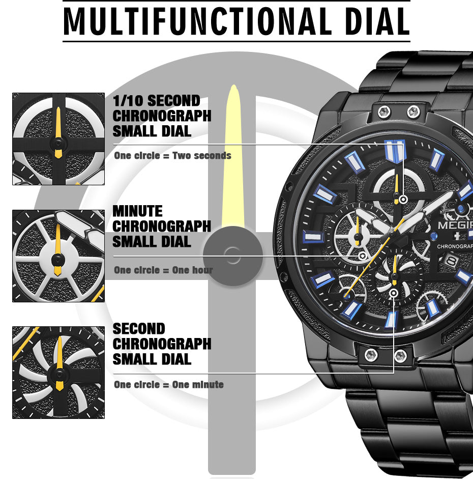 MEGIR Luxury Business Quartz Watches for Mens Stainless Steel Strap Men Casual Wristwatches Waterproof Man Clock Chronograph-4