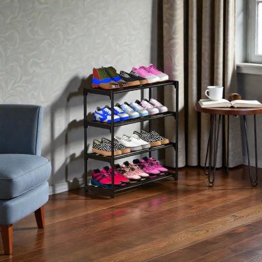 4-Tier Shoe Rack Organiser, Black Plastic Storage Shelf, Compact Footwear Stand, ShoeRack Plastic 4 Shelf