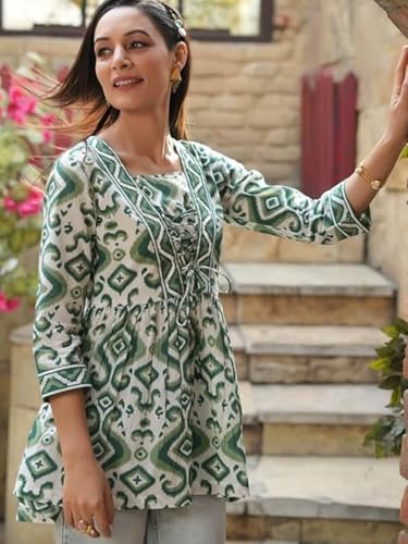 Leriya Fashion Women's Rayon Paisley Printed Tunic Western Tops Short Kurti – Comfortable Everyday Wear & Half Sleeves, Collar Neck (Available in Plus Size and Combo Pack of 2)