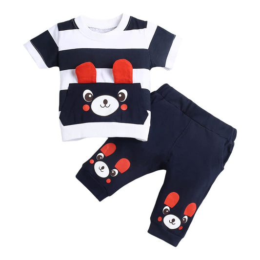 Hopscotch Boy's Cotton Striped Stripes Bear Print Half Sleeves T-Shirt And Joggers Set