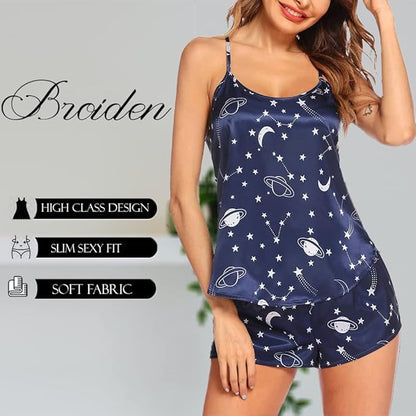 Night Suit for Women - Soft Breathable Satin Fabric Stylish Shorts for Woman, Cute Printed Nightwear Western Co ord Set Sleepwear, Lounge Wear for Every Night