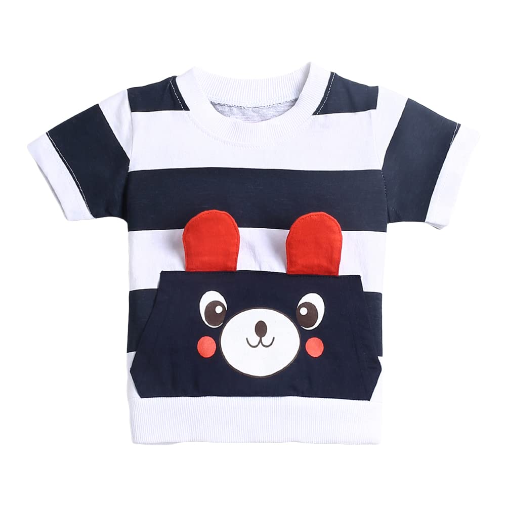 Hopscotch Boy's Cotton Striped Stripes Bear Print Half Sleeves T-Shirt And Joggers Set