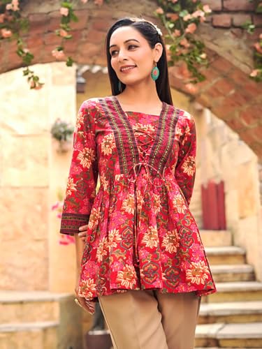 Leriya Fashion Women's Rayon Paisley Printed Tunic Western Tops Short Kurti – Comfortable Everyday Wear & Half Sleeves, Collar Neck (Available in Plus Size and Combo Pack of 2)