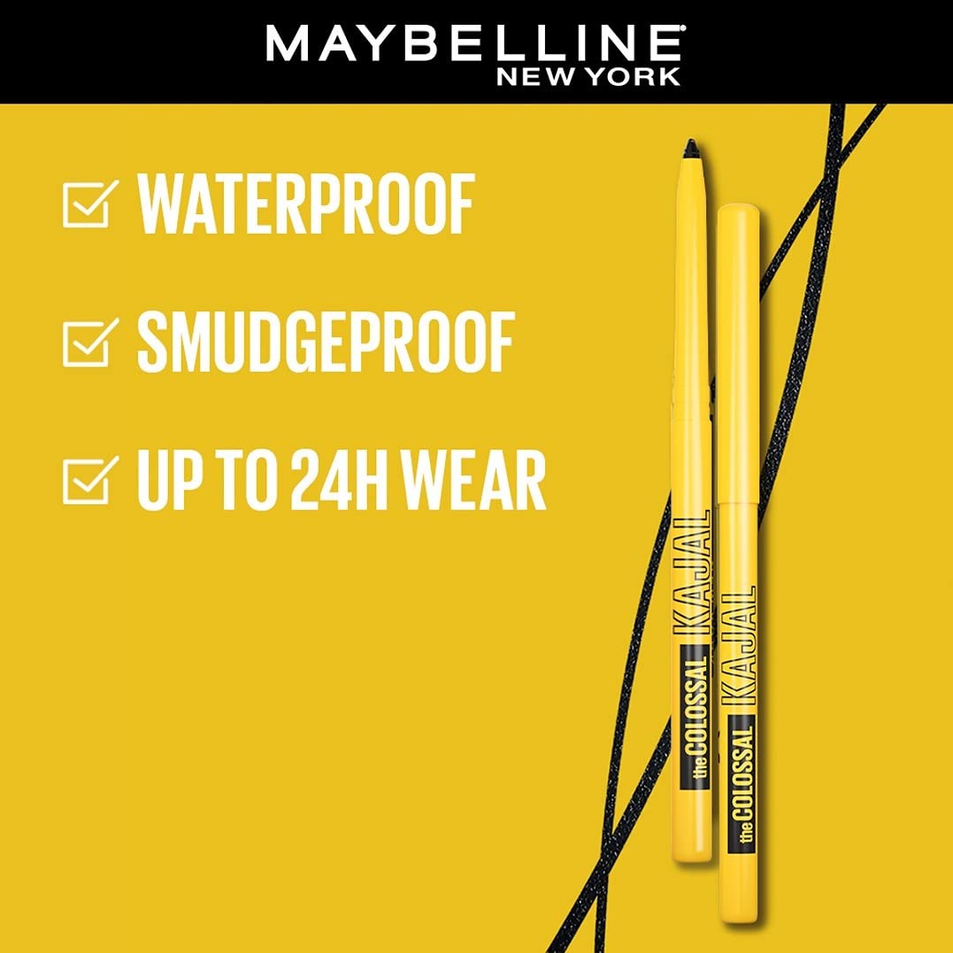 Maybelline New York Intense Colour Colossal Kajal, Black, Matte Finish, Stay Up To 24 Hours, Water-proof, Smudge Resistant, Infused With Aloe Vera & Vitamin C and Vitamin E | 0.35g