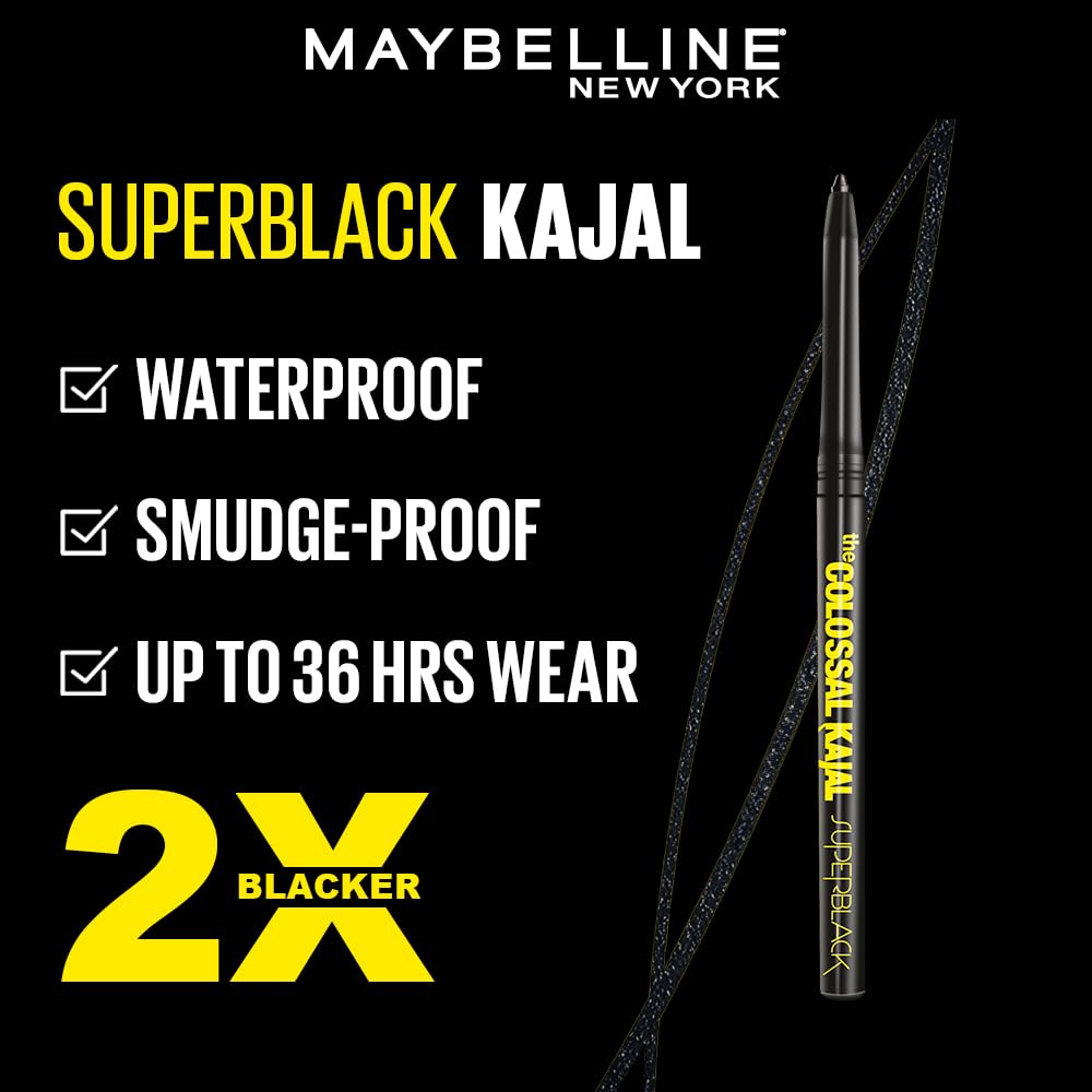 Maybelline New York Intense Colour Colossal Kajal, Black, Matte Finish, Stay Up To 24 Hours, Water-proof, Smudge Resistant, Infused With Aloe Vera & Vitamin C and Vitamin E | 0.35g
