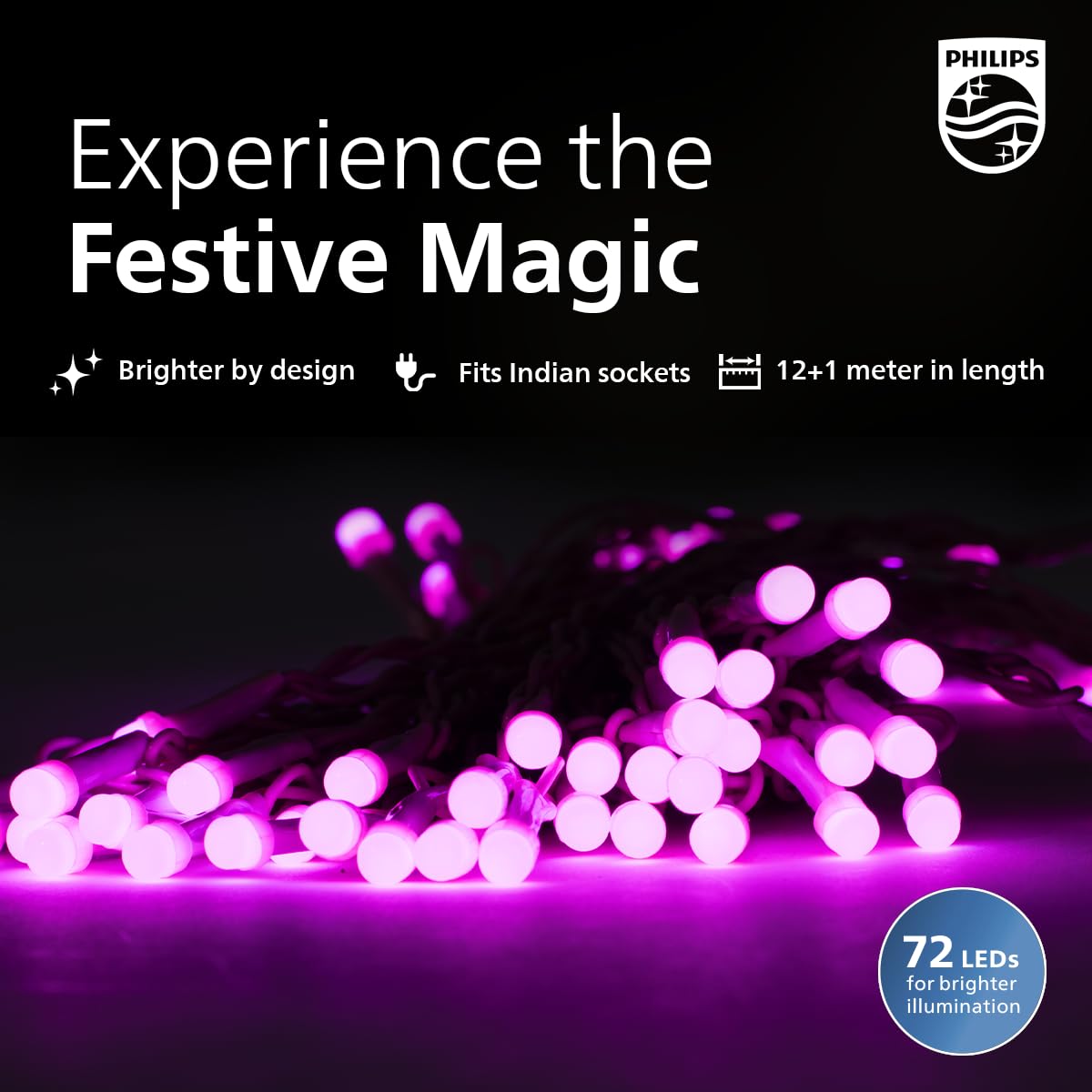 PHILIPS Starlit 12 Meter 72 LEDs String Light for Decoration | Festival LED String Light for Diwali, Christmas and Home Decoration| Red, Pack of 1,Polycarbonate