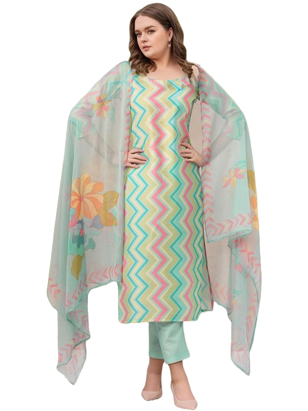 GoSriKi Women's Rayon Viscose Straight Printed Kurta with Pant & Dupatta