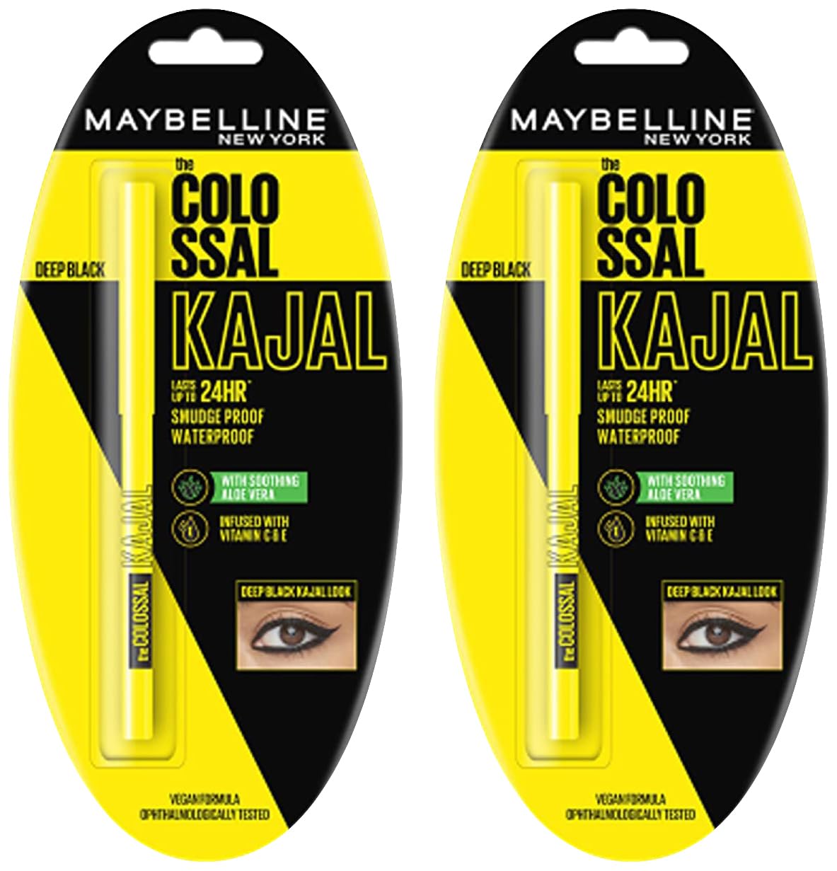 Maybelline New York Intense Colour Colossal Kajal, Black, Matte Finish, Stay Up To 24 Hours, Water-proof, Smudge Resistant, Infused With Aloe Vera & Vitamin C and Vitamin E | 0.35g
