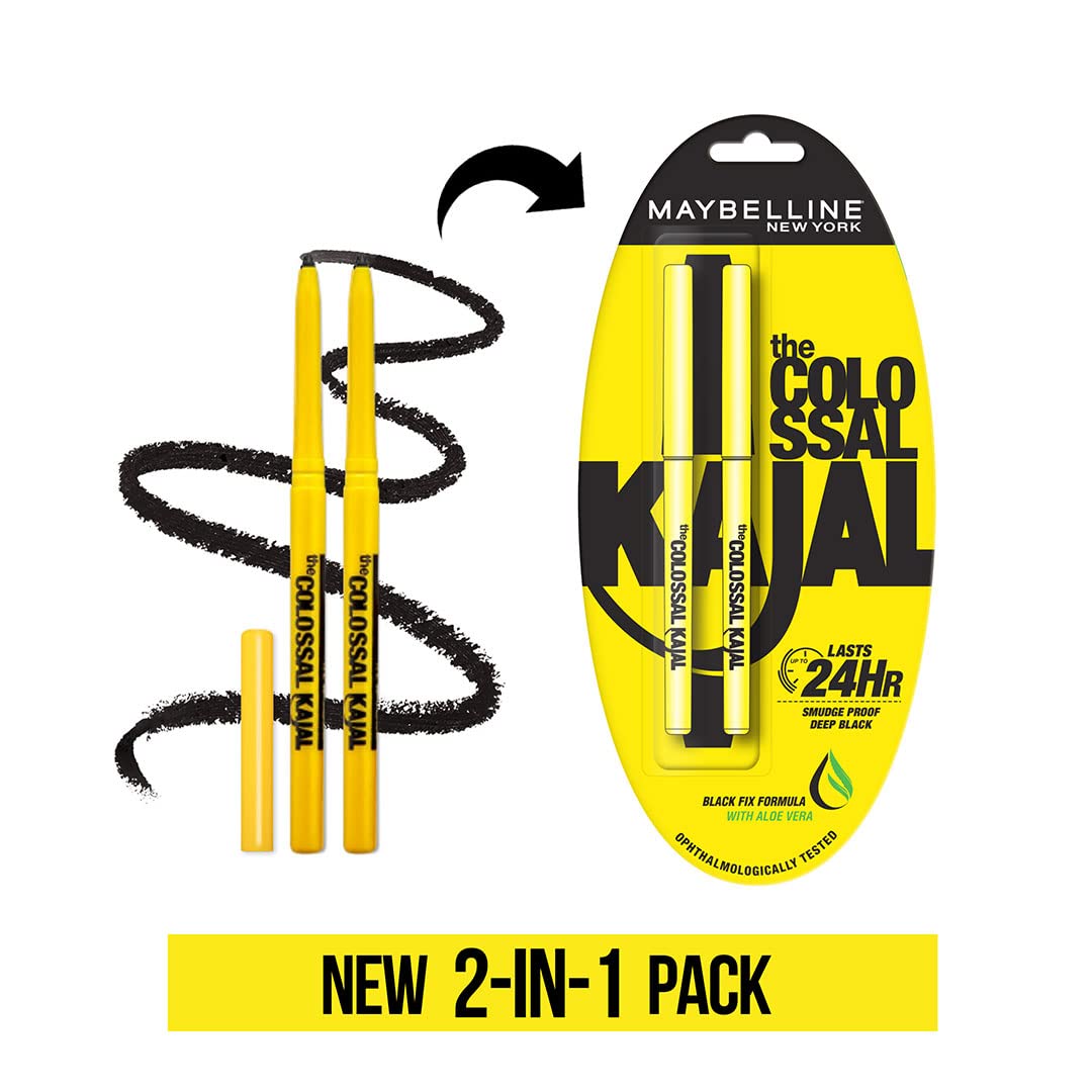 Maybelline New York Intense Colour Colossal Kajal, Black, Matte Finish, Stay Up To 24 Hours, Water-proof, Smudge Resistant, Infused With Aloe Vera & Vitamin C and Vitamin E | 0.35g