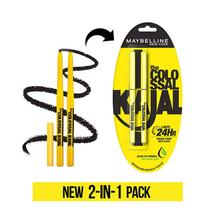 Maybelline New York Intense Colour Colossal Kajal, Black, Matte Finish, Stay Up To 24 Hours, Water-proof, Smudge Resistant, Infused With Aloe Vera & Vitamin C and Vitamin E | 0.35g