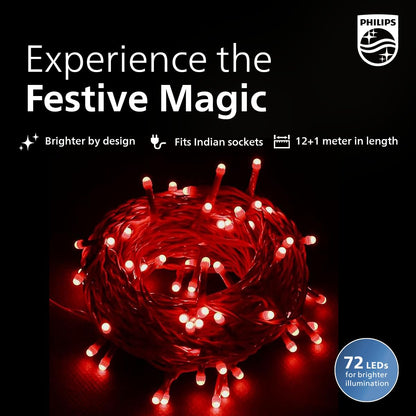 PHILIPS Starlit 12 Meter 72 LEDs String Light for Decoration | Festival LED String Light for Diwali, Christmas and Home Decoration| Red, Pack of 1,Polycarbonate