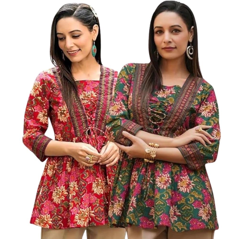 Leriya Fashion Women's Rayon Paisley Printed Tunic Western Tops Short Kurti – Comfortable Everyday Wear & Half Sleeves, Collar Neck (Available in Plus Size and Combo Pack of 2)