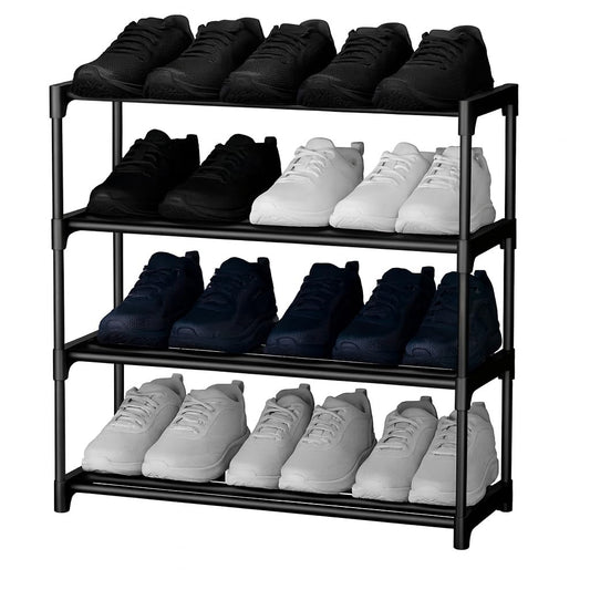 4-Tier Shoe Rack Organiser, Black Plastic Storage Shelf, Compact Footwear Stand, ShoeRack Plastic 4 Shelf
