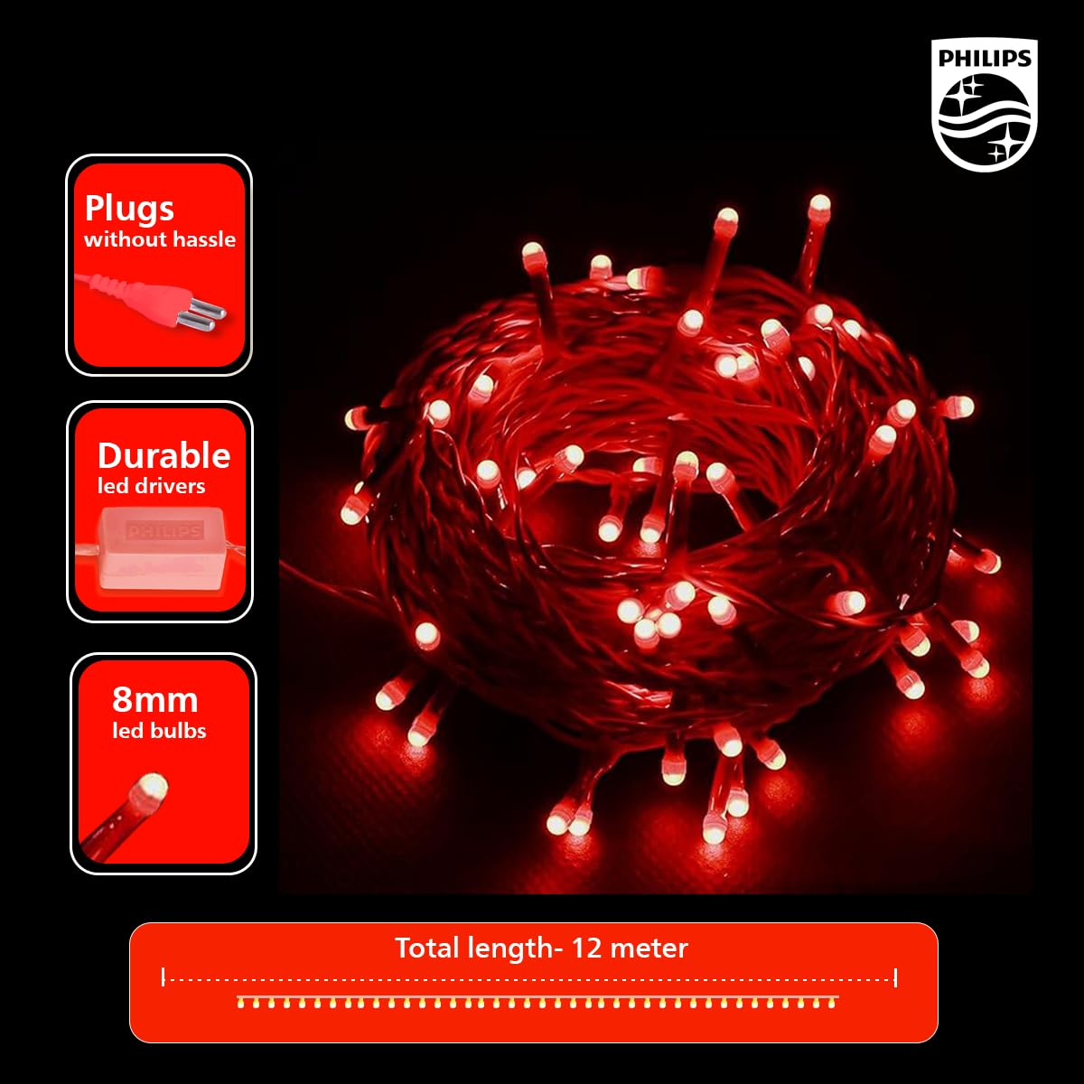 PHILIPS Starlit 12 Meter 72 LEDs String Light for Decoration | Festival LED String Light for Diwali, Christmas and Home Decoration| Red, Pack of 1,Polycarbonate