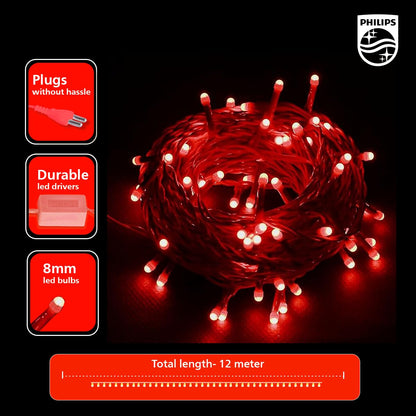 PHILIPS Starlit 12 Meter 72 LEDs String Light for Decoration | Festival LED String Light for Diwali, Christmas and Home Decoration| Red, Pack of 1,Polycarbonate