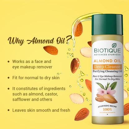 Biotique Almonmd Oil Deep Cleanse Purifying Cleansing Oil Face & Eye Makeup Remover For Normal to Dr