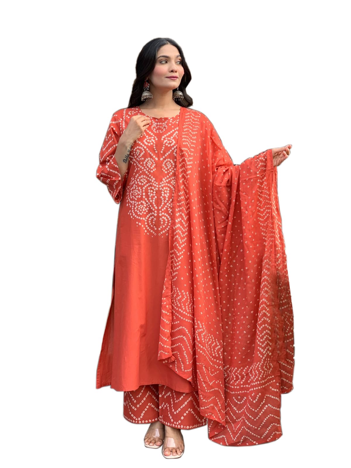 GoSriKi Women’s Viscose Rayon Straight Kurta Pant Dupatta Set | Bandhani Block Print Suit Set | Cotton Kurta Set with Dupatta Ethnic Dress | Festive Kurta Set