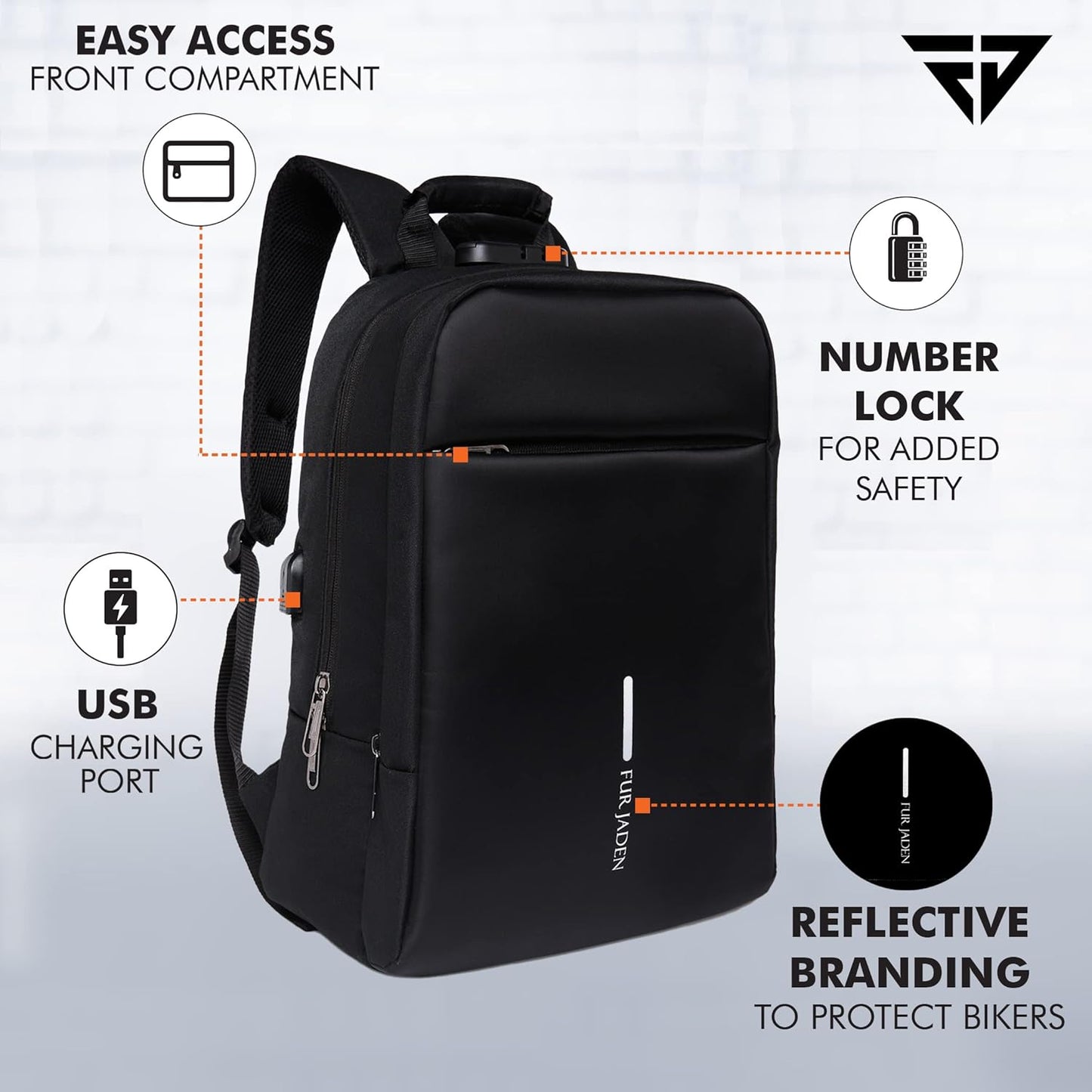 FUR JADEN Anti Theft Number Lock Backpack Bag with 15.6 Inch Laptop Compartment, USB Charging Port & Organizer Pocket for Men Women Boys Girls