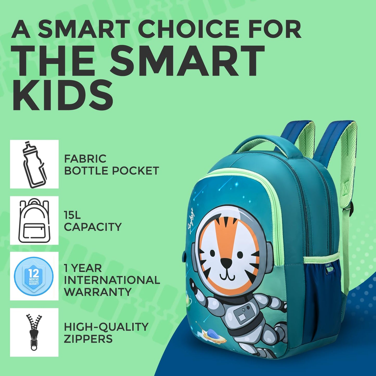 Skybags Snuggle 04 15 Litres 2 Compartment School Backpack Green Blue