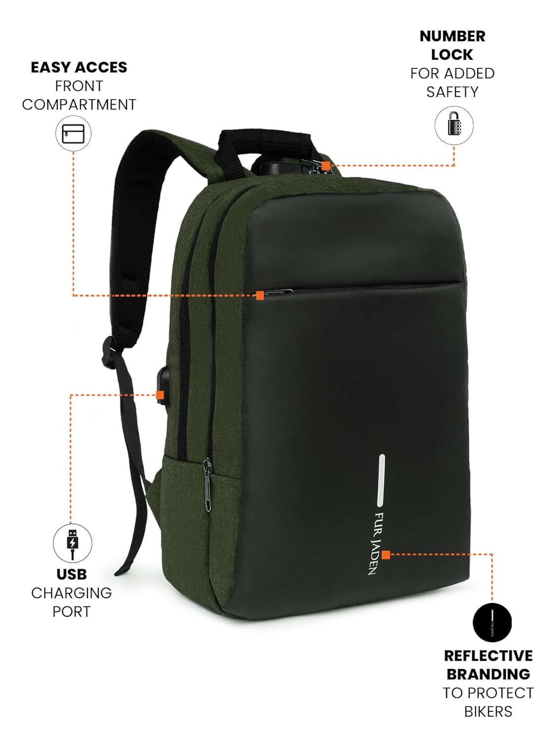 FUR JADEN Anti Theft Number Lock Backpack Bag with 15.6 Inch Laptop Compartment, USB Charging Port & Organizer Pocket for Men Women Boys Girls