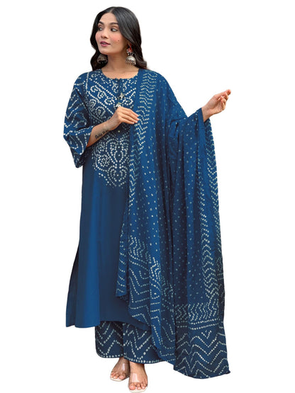 GoSriKi Women’s Viscose Rayon Straight Kurta Pant Dupatta Set | Bandhani Block Print Suit Set | Cotton Kurta Set with Dupatta Ethnic Dress | Festive Kurta Set