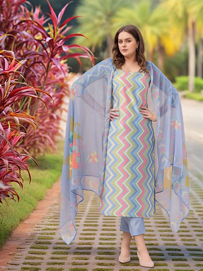 GoSriKi Women's Rayon Viscose Straight Printed Kurta with Pant & Dupatta