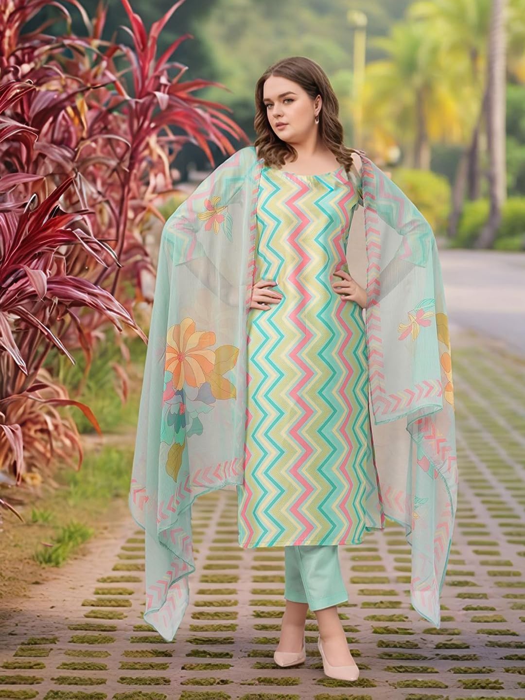 GoSriKi Women's Rayon Viscose Straight Printed Kurta with Pant & Dupatta