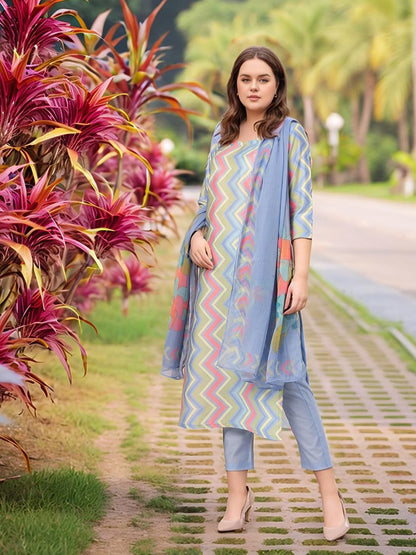 GoSriKi Women's Rayon Viscose Straight Printed Kurta with Pant & Dupatta