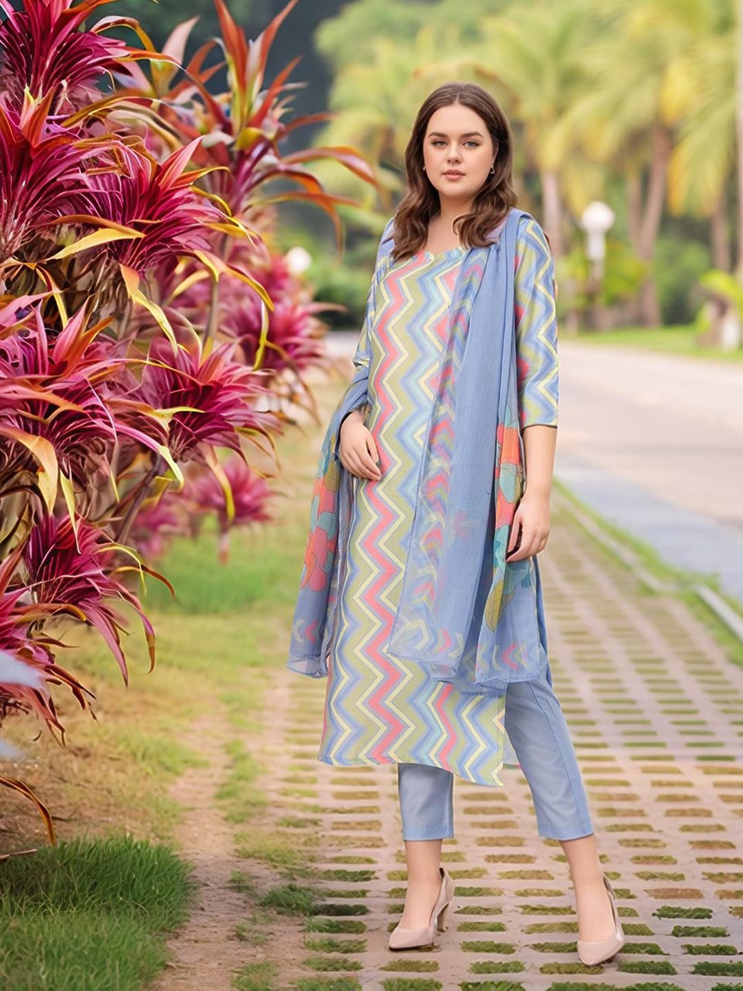 GoSriKi Women's Rayon Viscose Straight Printed Kurta with Pant & Dupatta