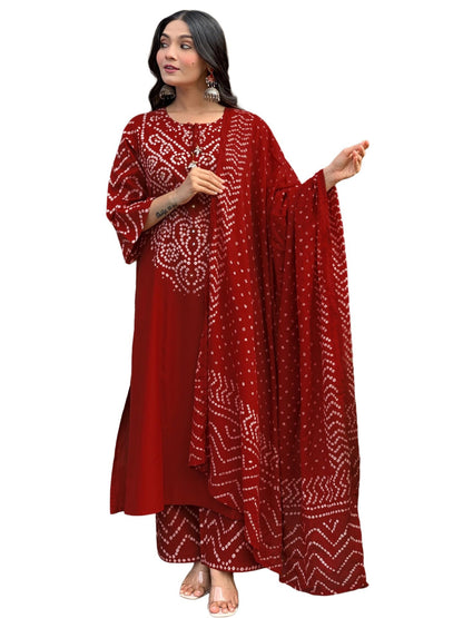 GoSriKi Women’s Viscose Rayon Straight Kurta Pant Dupatta Set | Bandhani Block Print Suit Set | Cotton Kurta Set with Dupatta Ethnic Dress | Festive Kurta Set