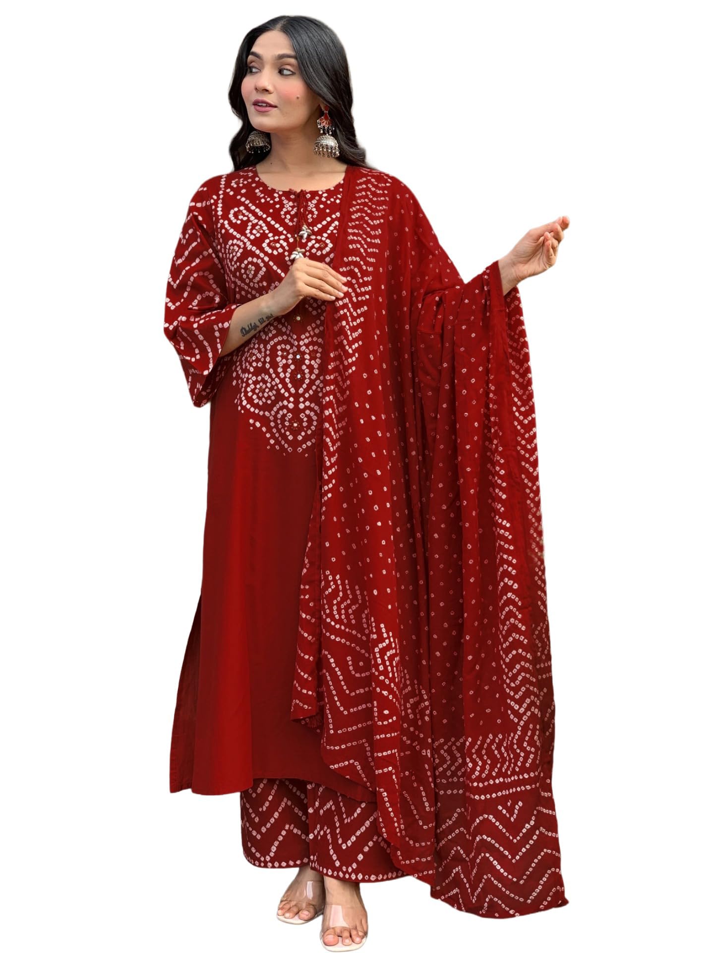 GoSriKi Women’s Viscose Rayon Straight Kurta Pant Dupatta Set | Bandhani Block Print Suit Set | Cotton Kurta Set with Dupatta Ethnic Dress | Festive Kurta Set