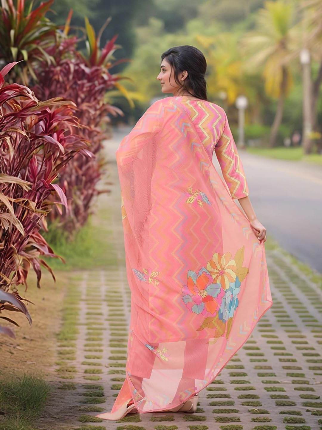GoSriKi Women's Rayon Viscose Straight Printed Kurta with Pant & Dupatta