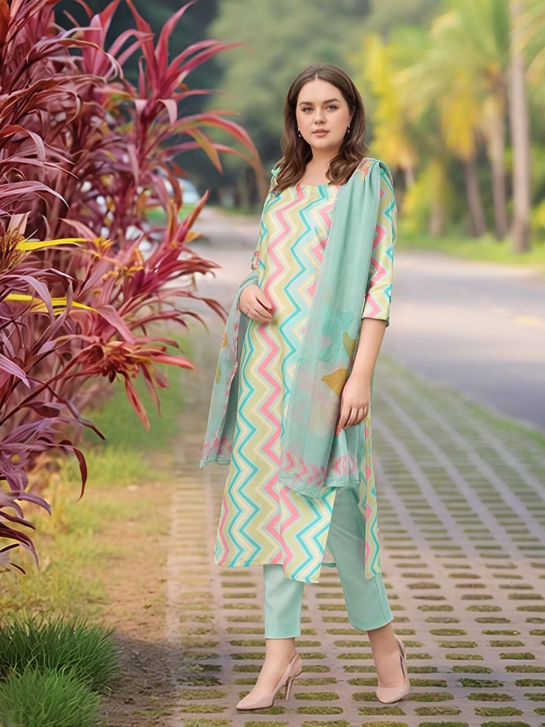GoSriKi Women's Rayon Viscose Straight Printed Kurta with Pant & Dupatta