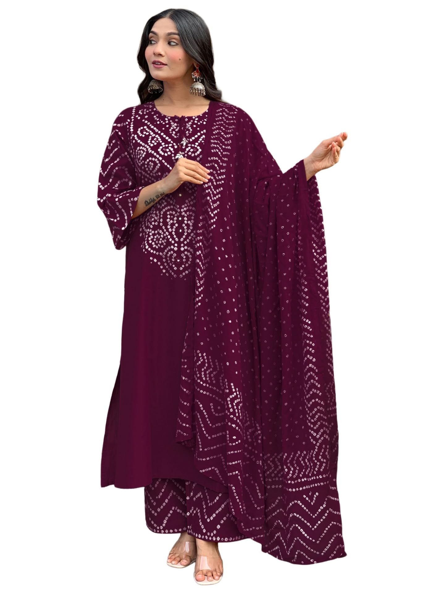 GoSriKi Women’s Viscose Rayon Straight Kurta Pant Dupatta Set | Bandhani Block Print Suit Set | Cotton Kurta Set with Dupatta Ethnic Dress | Festive Kurta Set