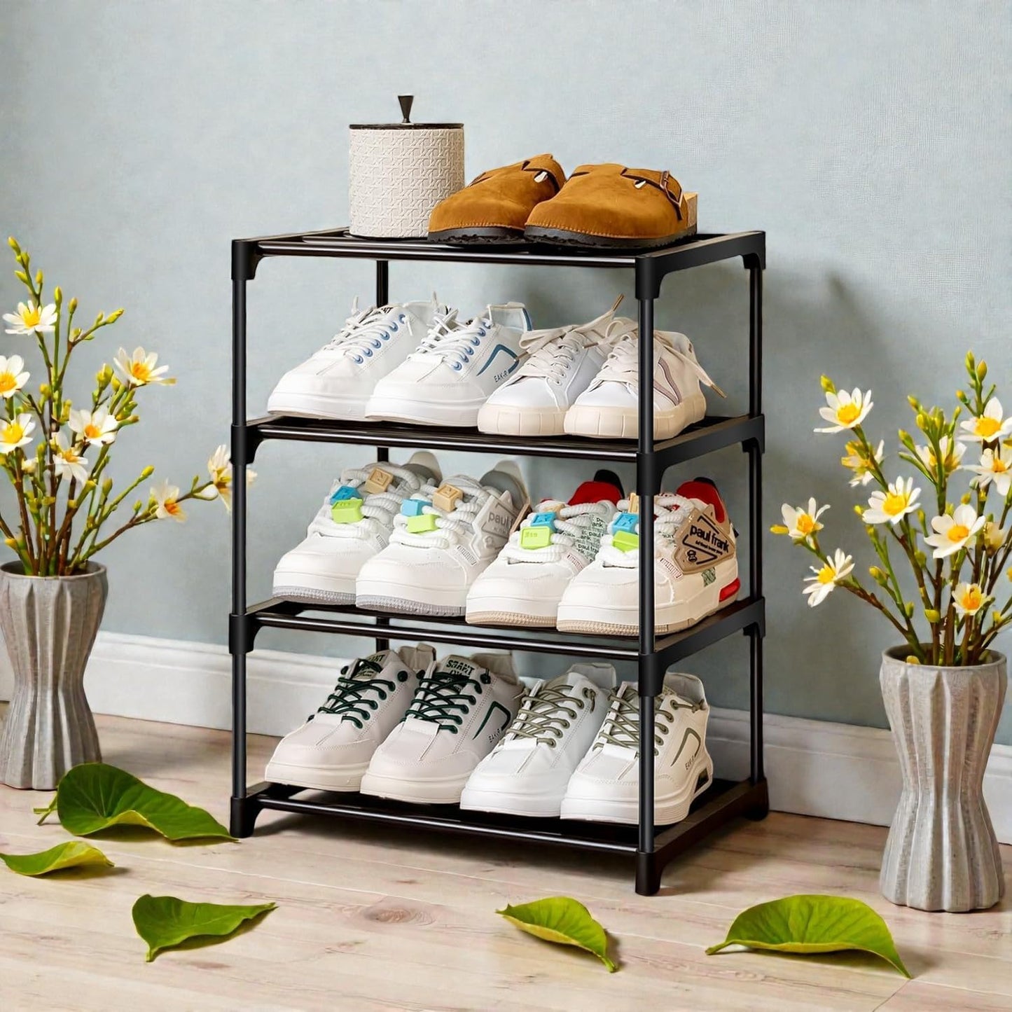 4-Tier Shoe Rack Organiser, Black Plastic Storage Shelf, Compact Footwear Stand, ShoeRack Plastic 4 Shelf