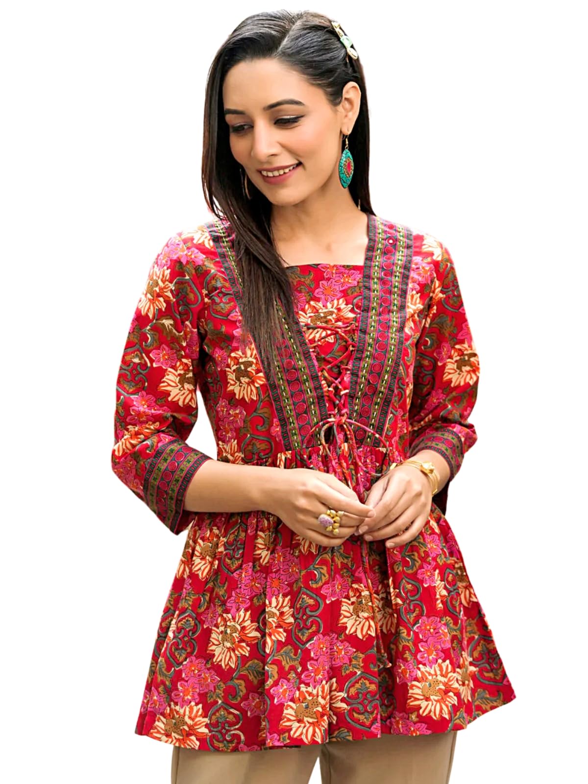 Leriya Fashion Women's Rayon Paisley Printed Tunic Western Tops Short Kurti – Comfortable Everyday Wear & Half Sleeves, Collar Neck (Available in Plus Size and Combo Pack of 2)