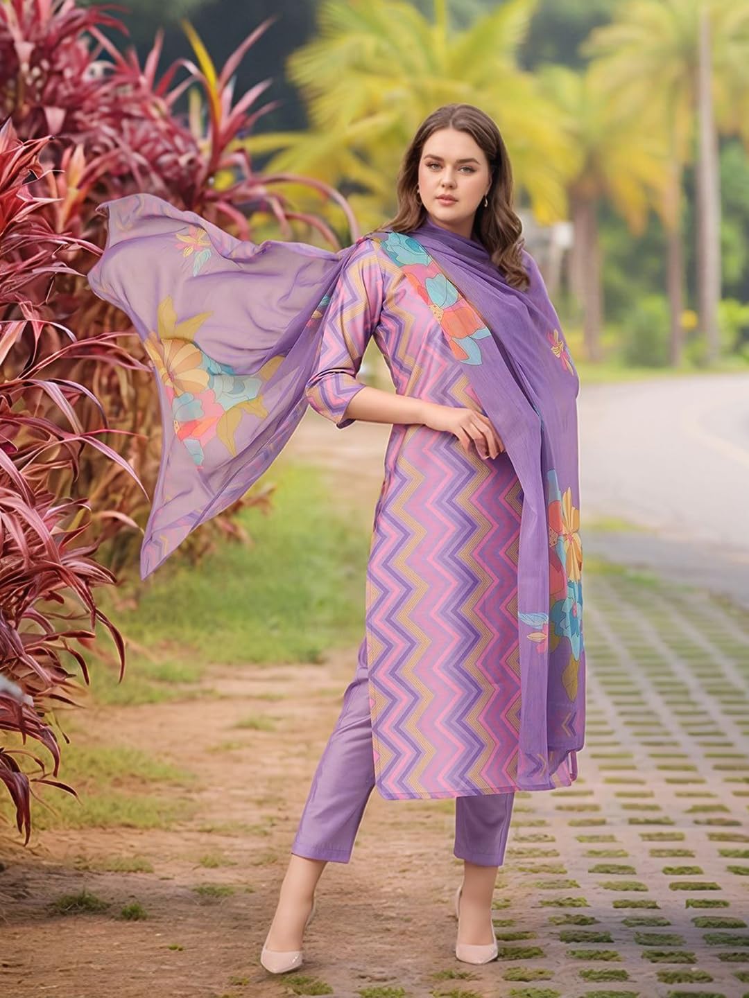 GoSriKi Women's Rayon Viscose Straight Printed Kurta with Pant & Dupatta