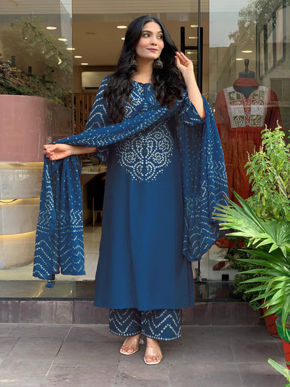 GoSriKi Women’s Viscose Rayon Straight Kurta Pant Dupatta Set | Bandhani Block Print Suit Set | Cotton Kurta Set with Dupatta Ethnic Dress | Festive Kurta Set