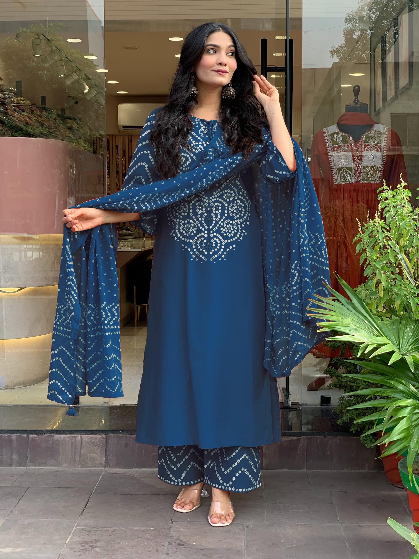 GoSriKi Women’s Viscose Rayon Straight Kurta Pant Dupatta Set | Bandhani Block Print Suit Set | Cotton Kurta Set with Dupatta Ethnic Dress | Festive Kurta Set
