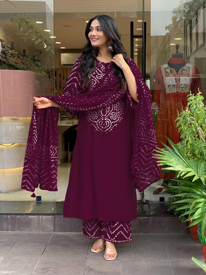 GoSriKi Women’s Viscose Rayon Straight Kurta Pant Dupatta Set | Bandhani Block Print Suit Set | Cotton Kurta Set with Dupatta Ethnic Dress | Festive Kurta Set