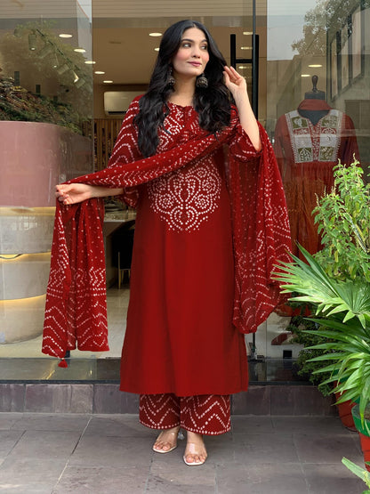 GoSriKi Women’s Viscose Rayon Straight Kurta Pant Dupatta Set | Bandhani Block Print Suit Set | Cotton Kurta Set with Dupatta Ethnic Dress | Festive Kurta Set