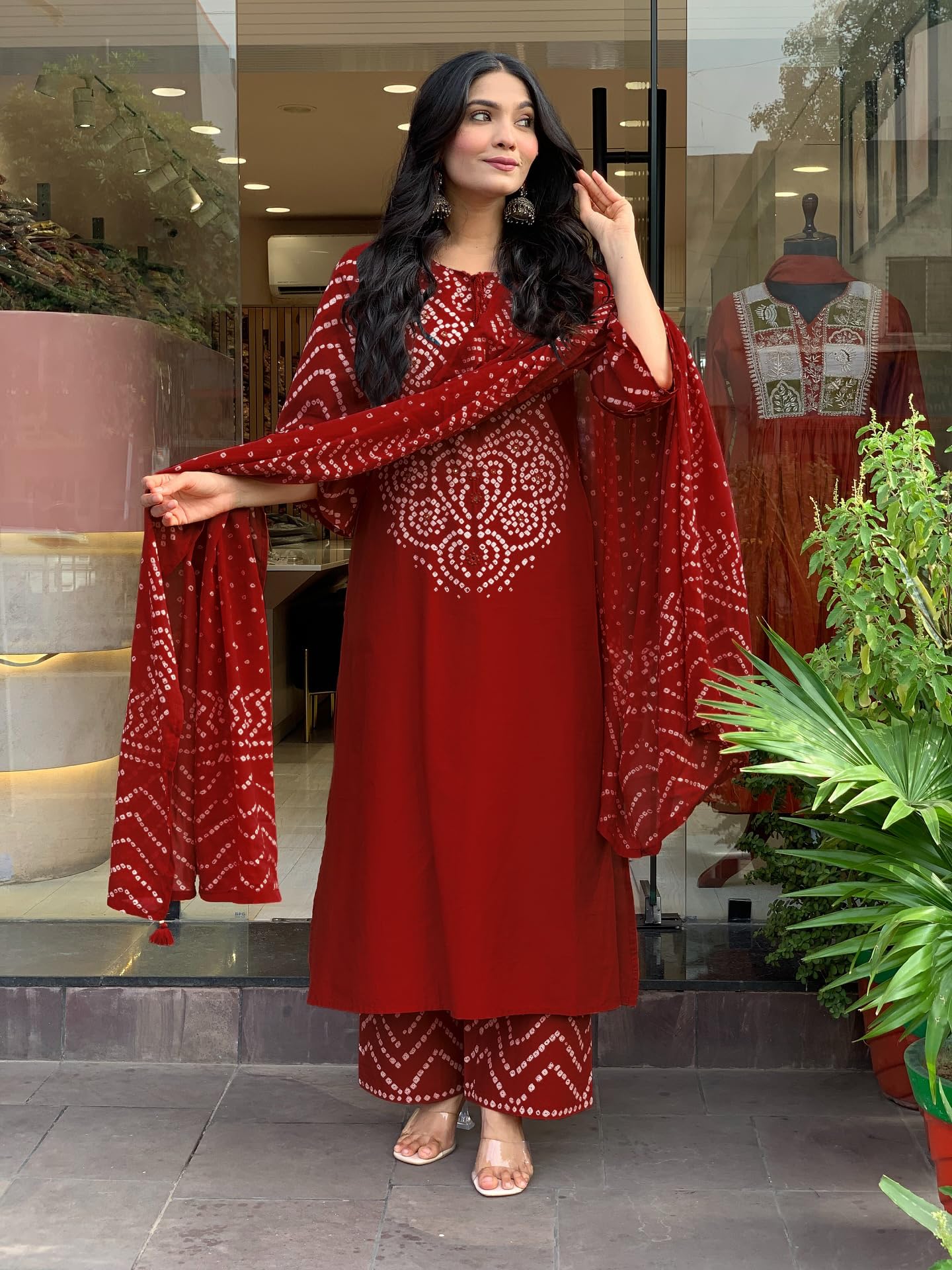 GoSriKi Women’s Viscose Rayon Straight Kurta Pant Dupatta Set | Bandhani Block Print Suit Set | Cotton Kurta Set with Dupatta Ethnic Dress | Festive Kurta Set