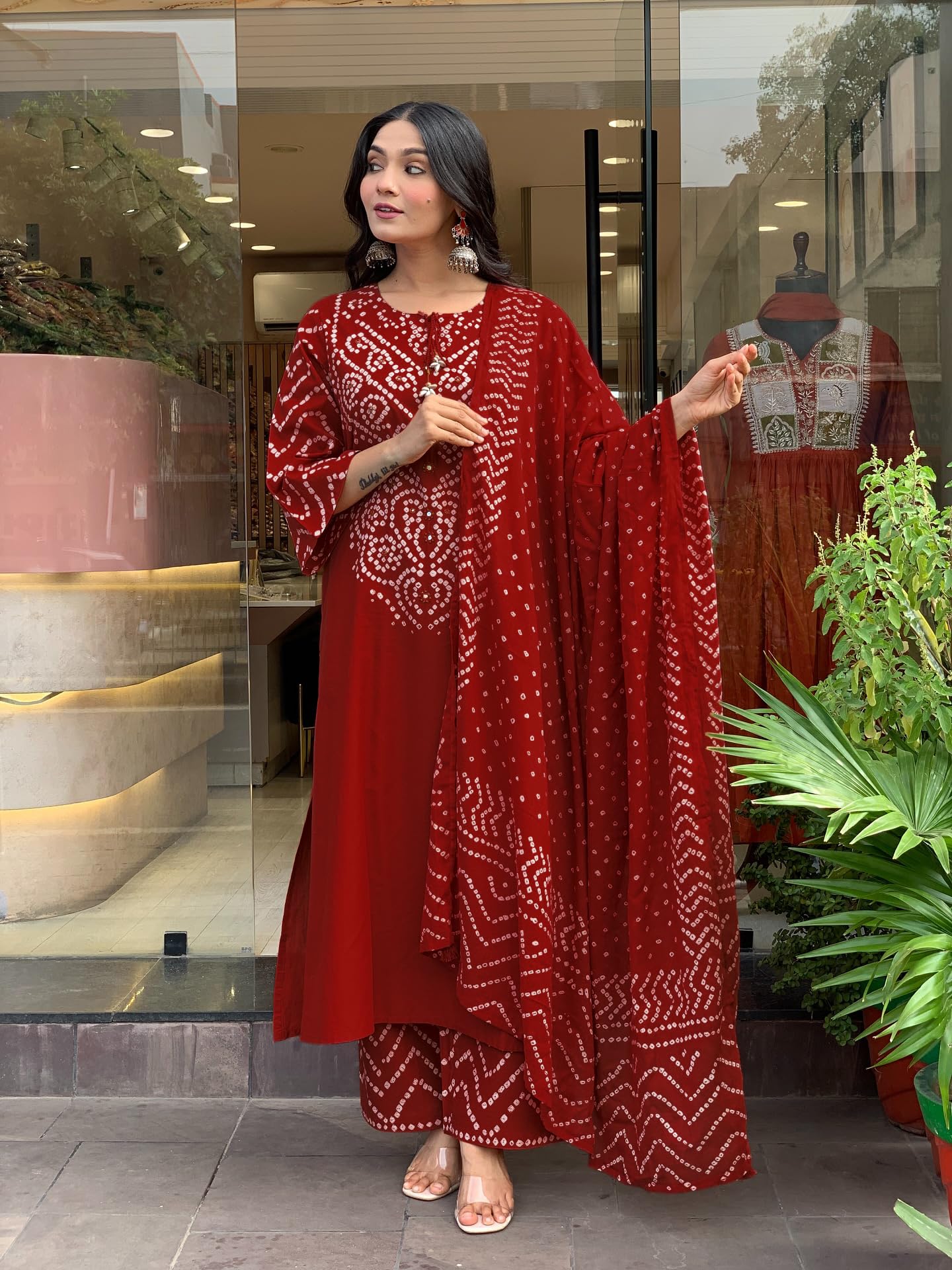GoSriKi Women’s Viscose Rayon Straight Kurta Pant Dupatta Set | Bandhani Block Print Suit Set | Cotton Kurta Set with Dupatta Ethnic Dress | Festive Kurta Set