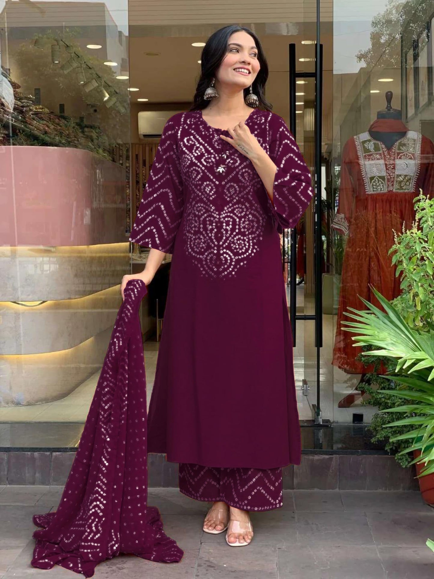 GoSriKi Women’s Viscose Rayon Straight Kurta Pant Dupatta Set | Bandhani Block Print Suit Set | Cotton Kurta Set with Dupatta Ethnic Dress | Festive Kurta Set