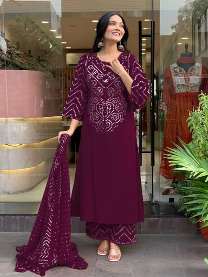 GoSriKi Women’s Viscose Rayon Straight Kurta Pant Dupatta Set | Bandhani Block Print Suit Set | Cotton Kurta Set with Dupatta Ethnic Dress | Festive Kurta Set