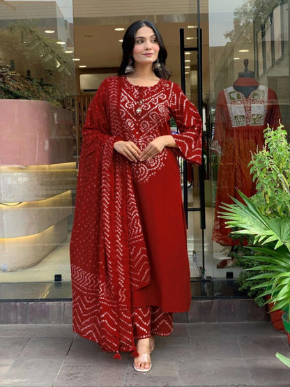 GoSriKi Women’s Viscose Rayon Straight Kurta Pant Dupatta Set | Bandhani Block Print Suit Set | Cotton Kurta Set with Dupatta Ethnic Dress | Festive Kurta Set