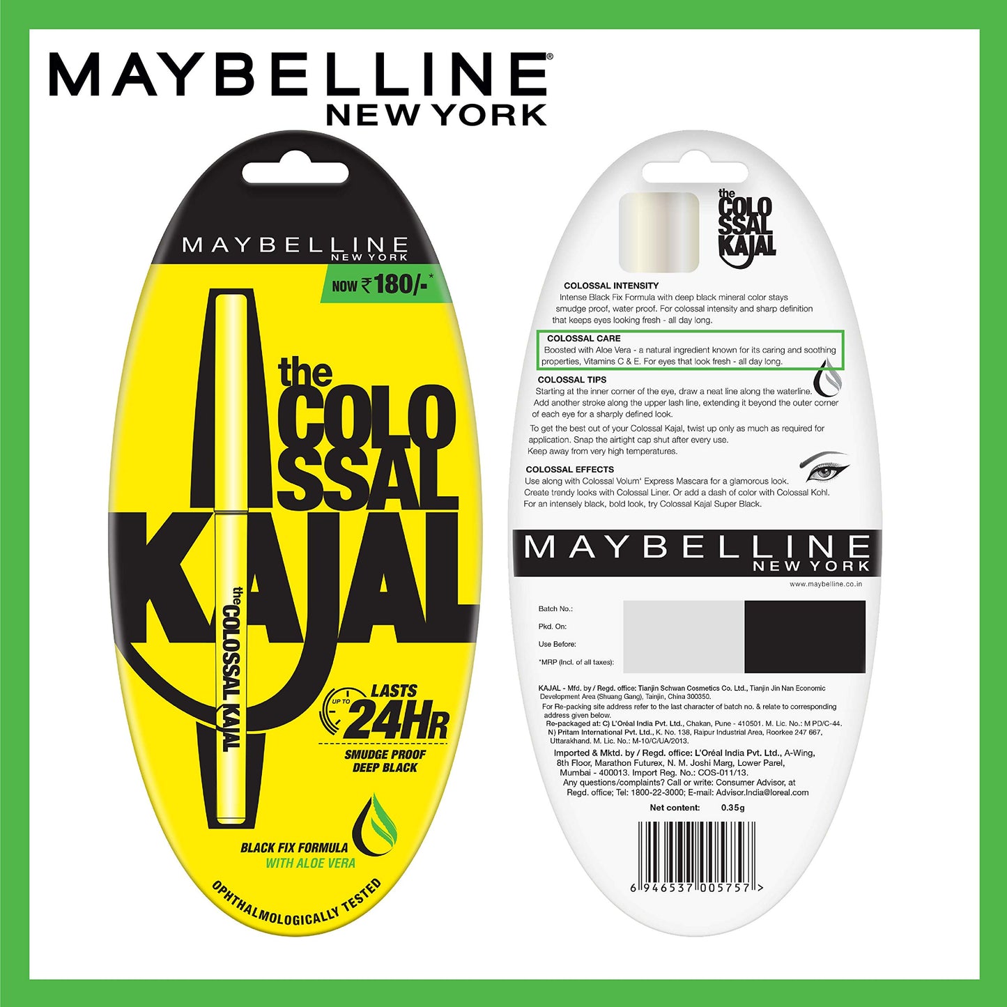 Maybelline New York Intense Colour Colossal Kajal, Black, Matte Finish, Stay Up To 24 Hours, Water-proof, Smudge Resistant, Infused With Aloe Vera & Vitamin C and Vitamin E | 0.35g