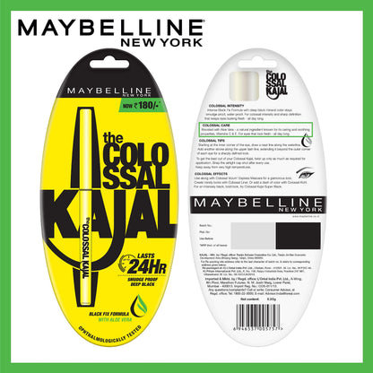 Maybelline New York Intense Colour Colossal Kajal, Black, Matte Finish, Stay Up To 24 Hours, Water-proof, Smudge Resistant, Infused With Aloe Vera & Vitamin C and Vitamin E | 0.35g